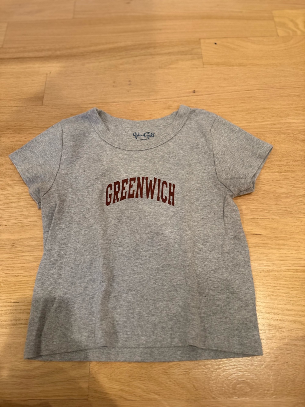 Brandy Melville Grey Tee with Burgundy 'Greenwich' Graphic